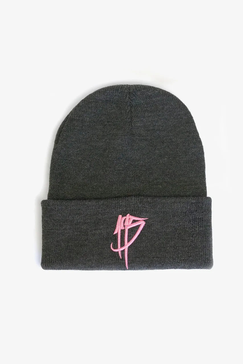 Gemütliche graue Beanie mit rosa 195 Stick