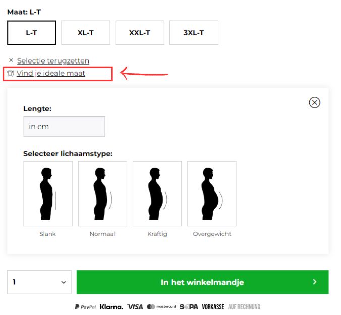 Screenshot of the size calculator on the product page