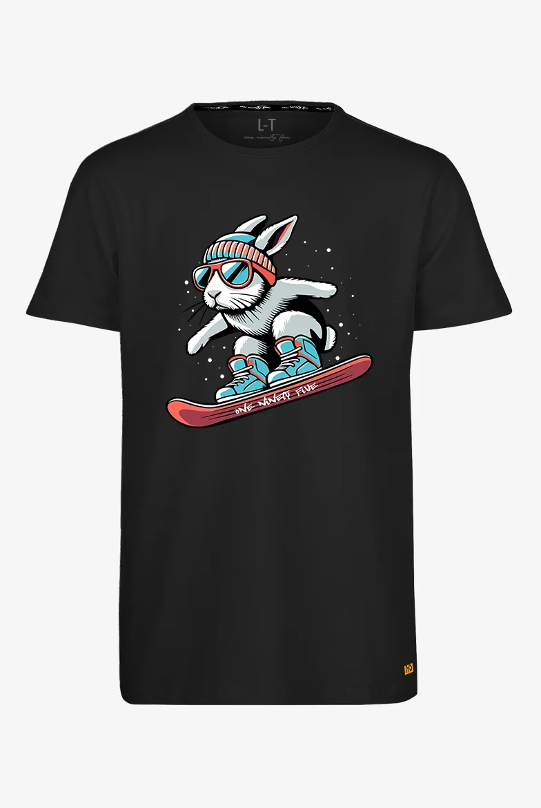 Extra langes limitiertes T-Shirt mit 'Rabbit'-Print auf schwarzem T-Shirt