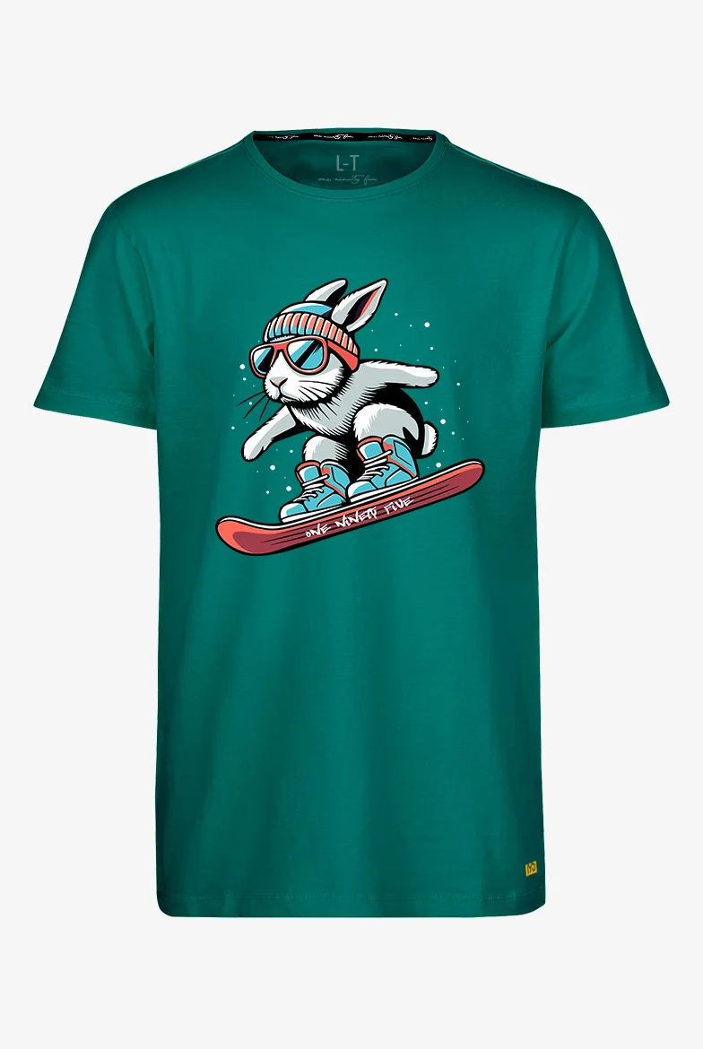 Extra langes limitiertes T-Shirt mit 'Rabbit'-Print auf dunkle grünem T-Shirt