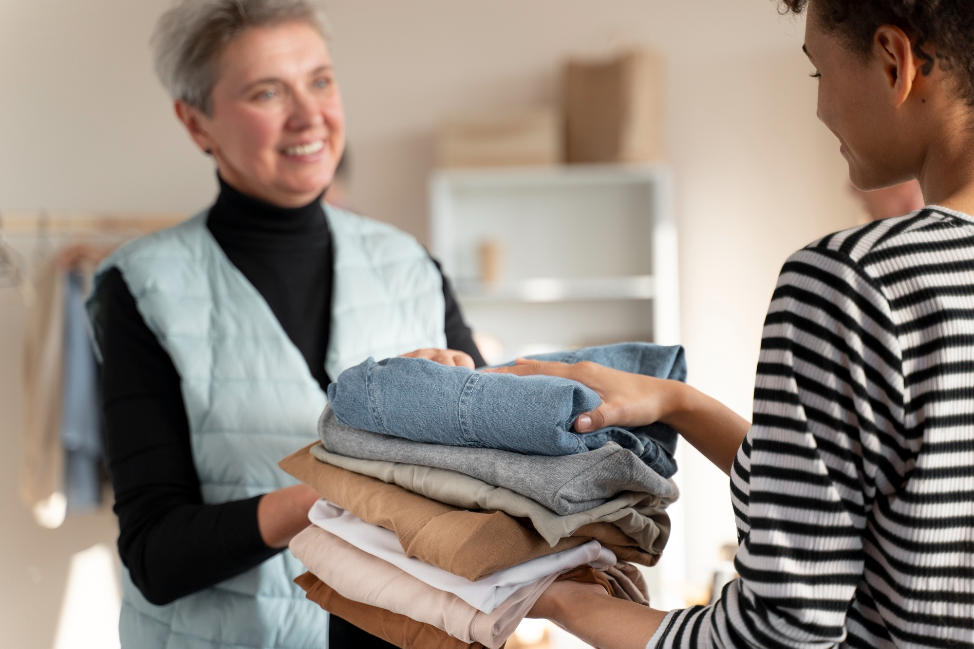 Woman hands another woman a pile of clothes