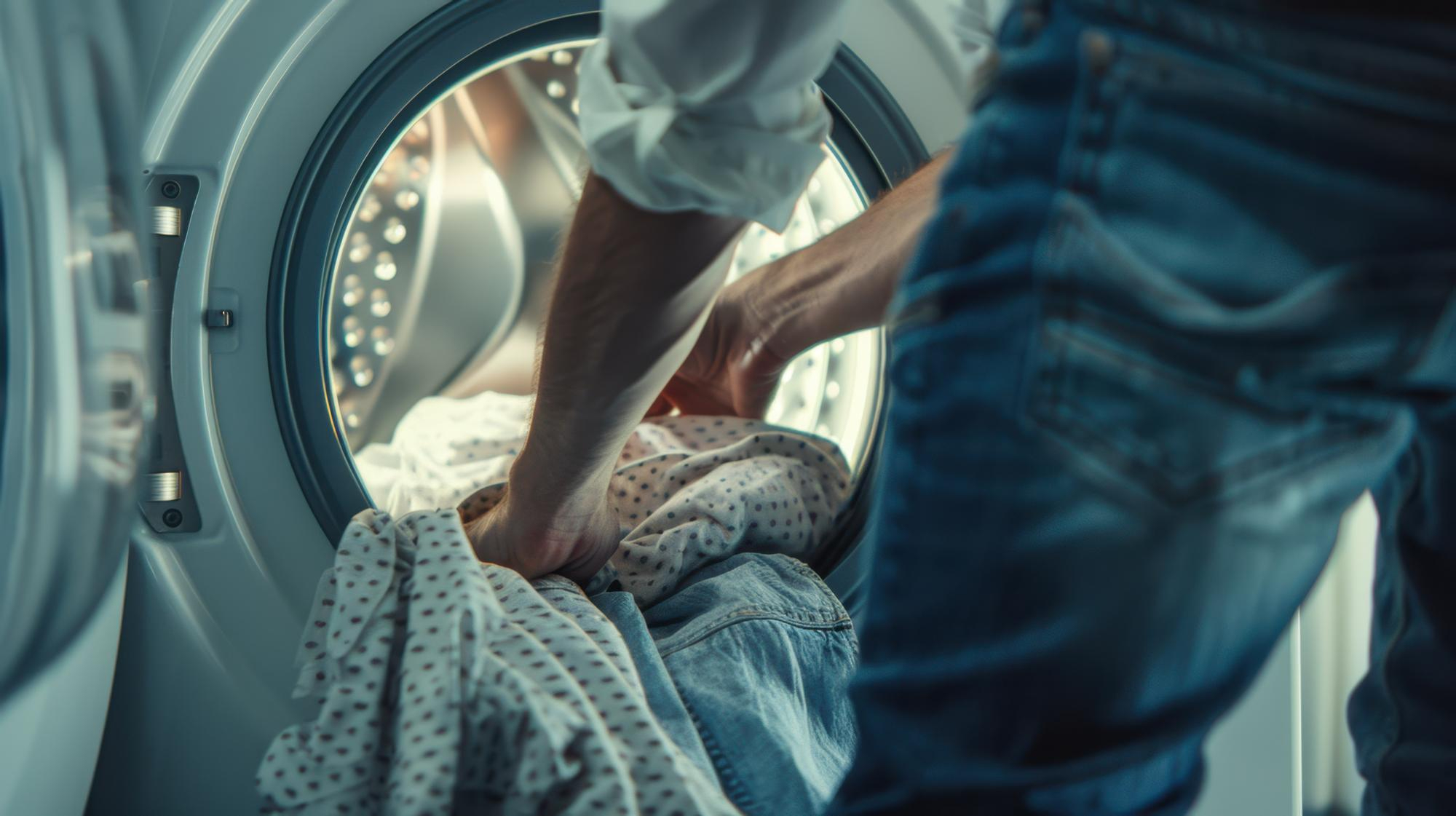 A person throws his laundry into a washing machine